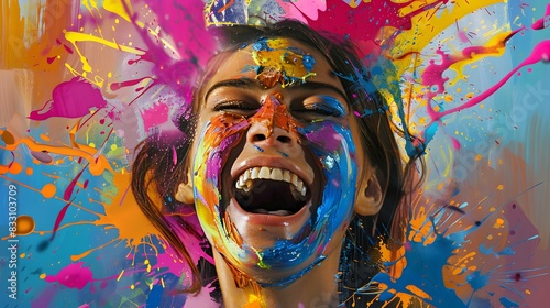  Capture the exuberance of womanhood with a joyful explosion of paint splatter  depicting the infectious laughter and positivity that radiates from the happy female