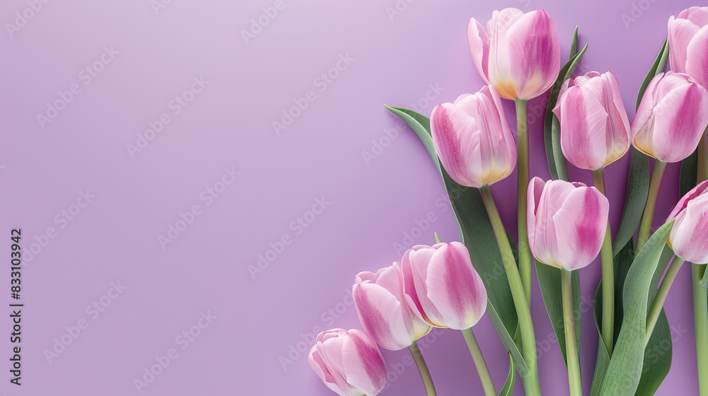 Naklejka premium Pink tulips flowers with pink background, blank and plain background for copy space. Greeting card, valentines, mother's day, invitation card.