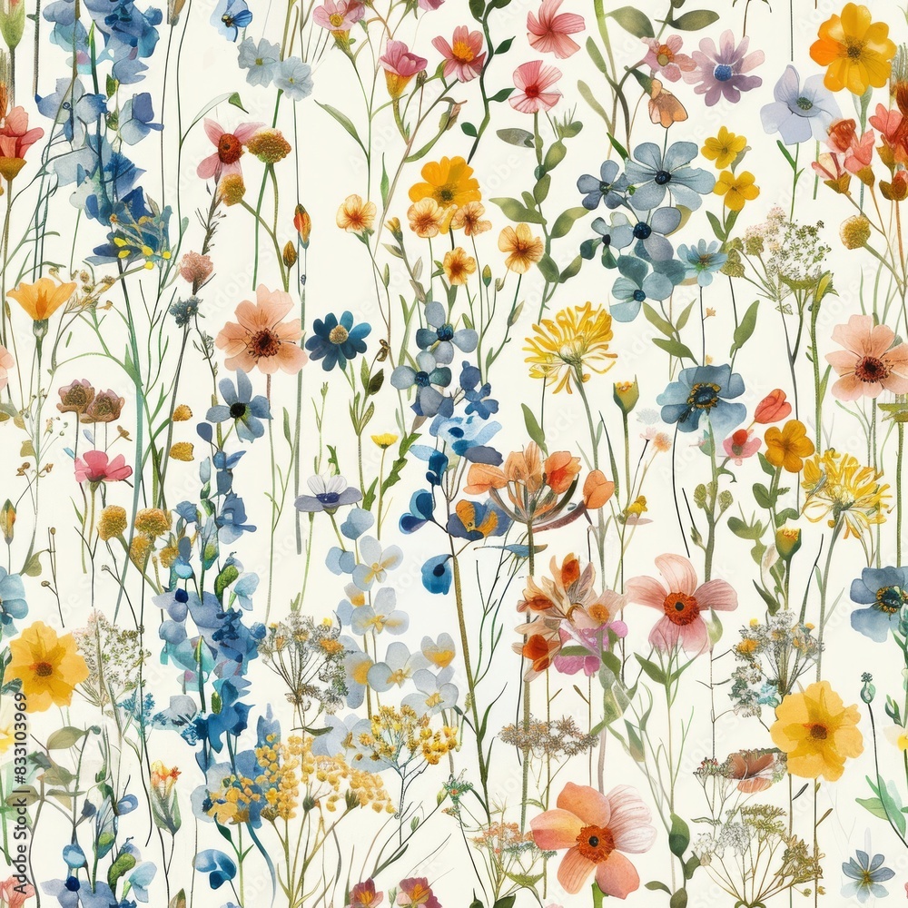 seamless pattern of watercolor wildflowers in a variety of colors