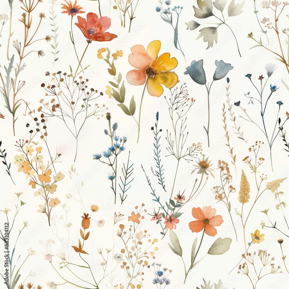 seamless pattern of watercolor wildflowers in a variety of colors seamless pattern of watercolor wildflowers in a variety of colors