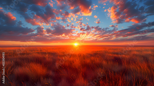 An ultra HD view of a nature steppe at sunrise, the sky glowing with vibrant colors and the grasses bathed in golden light