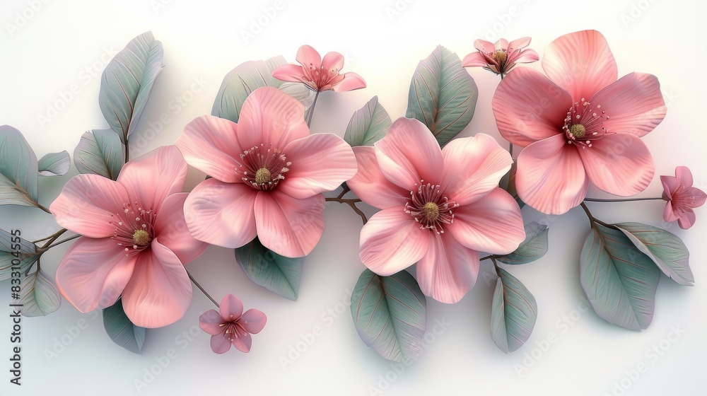 Delicate pink flowers with green leaves on white background. Delicate pink flowers with green leaves on white background.