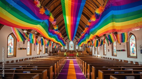 Celebrating Love and Acceptance: Peaceful Pride-Themed Church Service with Inclusive Decorations and Flags