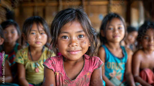 Smiling Young Girl in a Rural Classroom with Friends, Southeast Asia