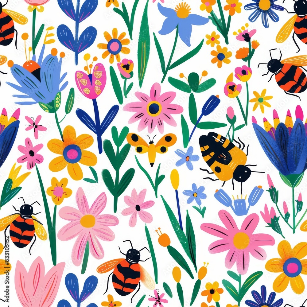 Obraz premium seamless pattern of friendly bugs with colorful flowers