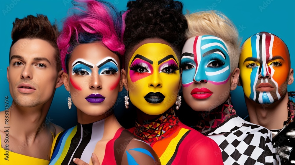 Vibrant Avant-Garde Portraits, A striking group portrait showcasing five individuals with bold and vibrant avant-garde face paint. Vibrant Avant-Garde Portraits, A striking group portrait showcasing five individuals with bold and vibrant avant-garde face paint.