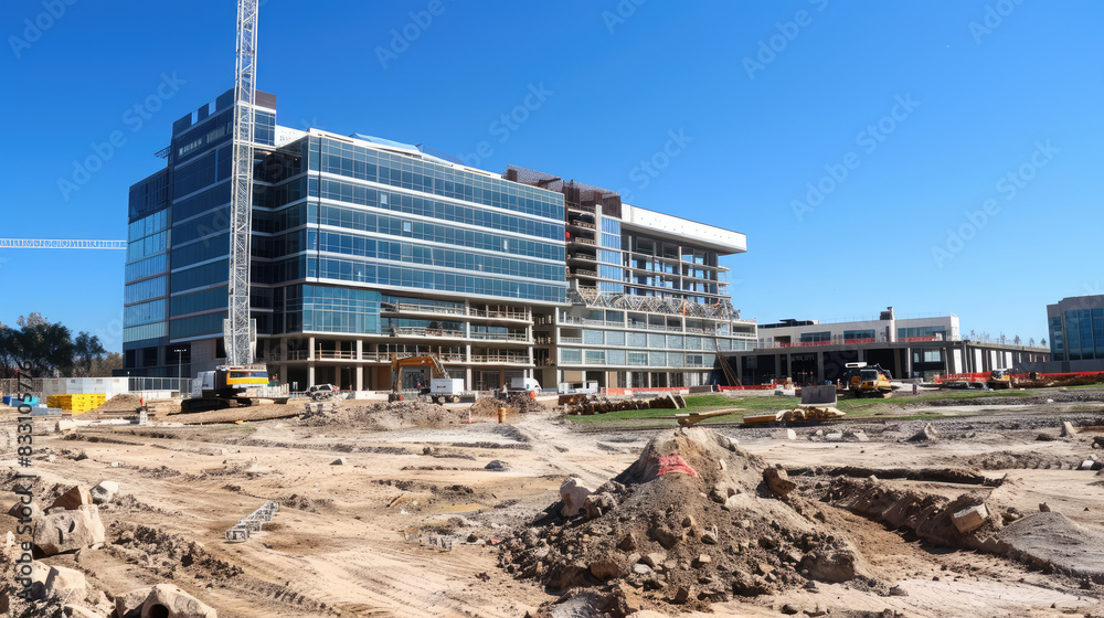 Fototapeta premium Large-Scale Construction Project Under Clear Blue Sky