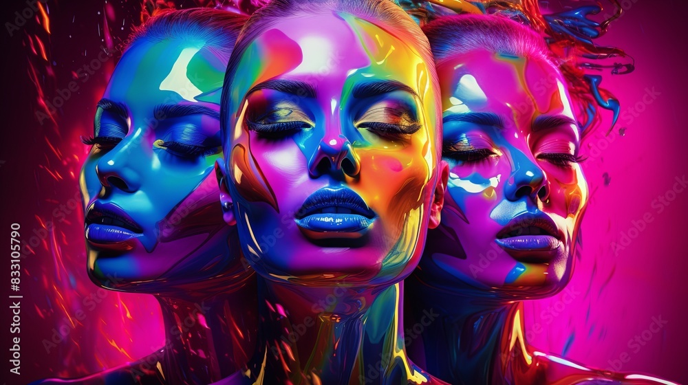 Neon Trifecta, A mesmerizing digital art piece featuring three faces of a woman, each bathed in vibrant neon colors.