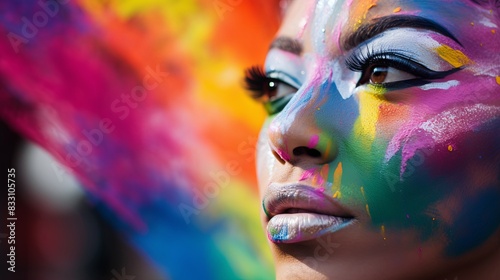 Vibrant Painted Portrait, A stunning close-up of a woman's face adorned with vivid, colorful paint, capturing the essence of creativity and self-expression. © Naraksad