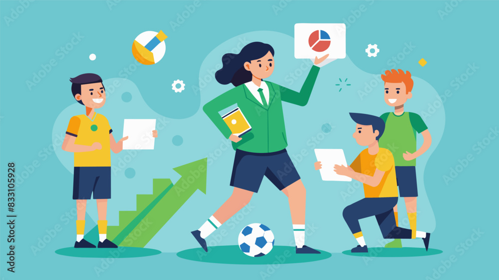 With each practice session the players skills improve and their virtual coach offers personalized challenges to push their limits.. Vector illustration With each practice session the players skills improve and their virtual coach offers personalized challenges to push their limits.. Vector illustration