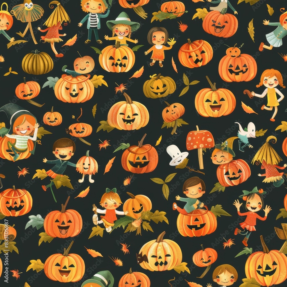 seamless pattern of vibrant pumpkin patch with happy children playing seamless pattern of vibrant pumpkin patch with happy children playing