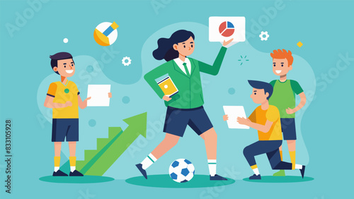 With each practice session the players skills improve and their virtual coach offers personalized challenges to push their limits.. Vector illustration