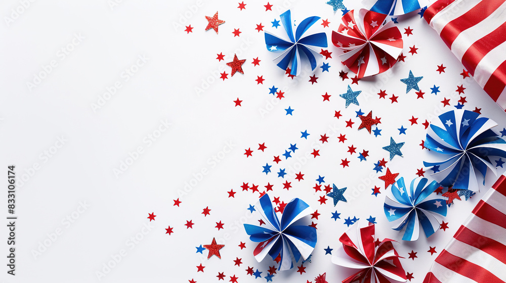 Fototapeta premium pinwheel paper with American flags motif and decorative in white background, blank space for text. Greeting card for American independence day.