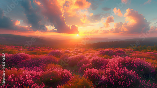 An ultra HD view of a nature moor at sunrise  the sky glowing with vibrant colors and the heather bathed in golden light