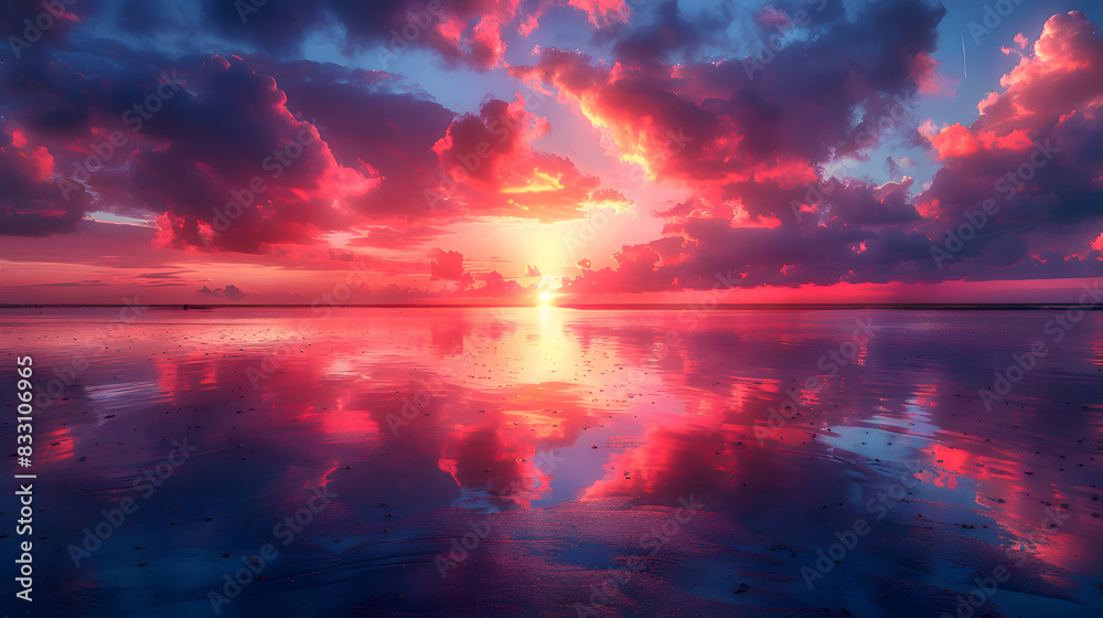 Fototapeta premium An ultra HD view of a nature estuary at sunrise, the sky glowing with vibrant colors and the water reflecting the light