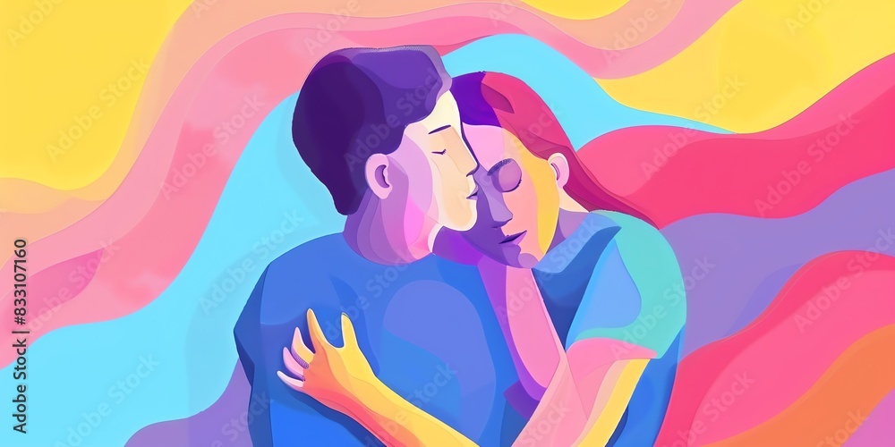 A man and woman are hugging each other in a colorful background. Concept of love and warmth A man and woman are hugging each other in a colorful background. Concept of love and warmth
