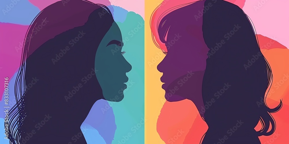 Two women with long hair are shown in a colorful background. The women are looking at each other, and the mood of the image is one of connection and understanding Two women with long hair are shown in a colorful background. The women are looking at each other, and the mood of the image is one of connection and understanding