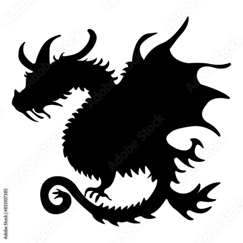 Chinese Dragon Tattoo Silhouette on White Background. Isolated Black Silhouette.