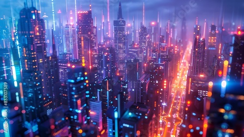 Dazzling Cityscape of Futuristic Skyscrapers Aglow with Vibrant Neon Lights and Advanced Technology