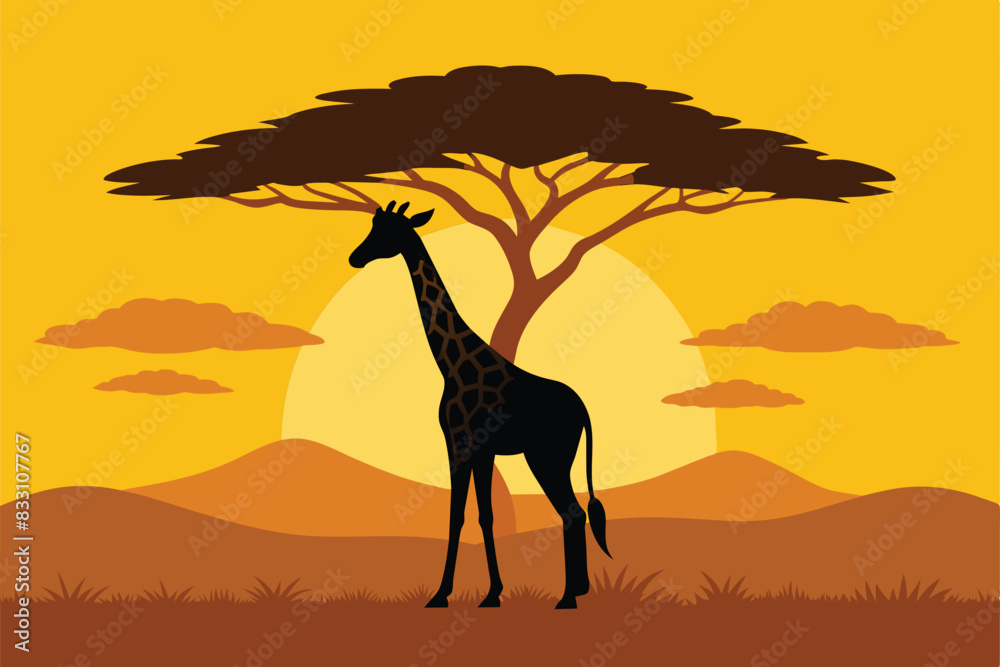 Giraffe Tree Animal Savanna Landscape Africa Wildlife vector Illustration