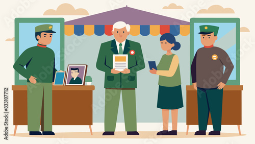 A veteran standing at a booth proudly displaying photos and memorabilia from their time in the military sharing their story with interested attendees.. Vector illustration
