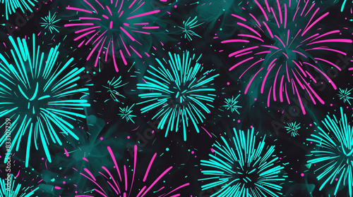 Festive zing from neon turquoise and magenta fireworks on black, suitable for dynamic content,