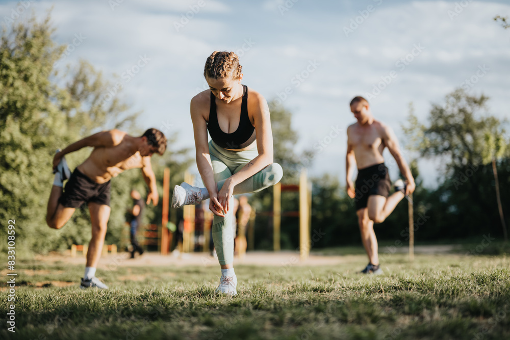 Group of people stretching and exercising in the park, enjoying a healthy outdoor workout routine in nature. Group of people stretching and exercising in the park, enjoying a healthy outdoor workout routine in nature.