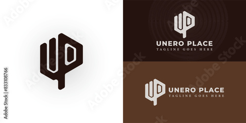 Abstract initial letter UP or PU logo in brown color isolated on multiple background colors. The logo is suitable for rental apartment house logo design inspiration templates. photo