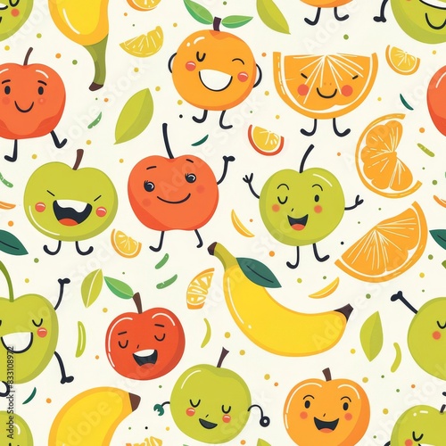 seamless pattern of cheerful dancing cartoon fruits