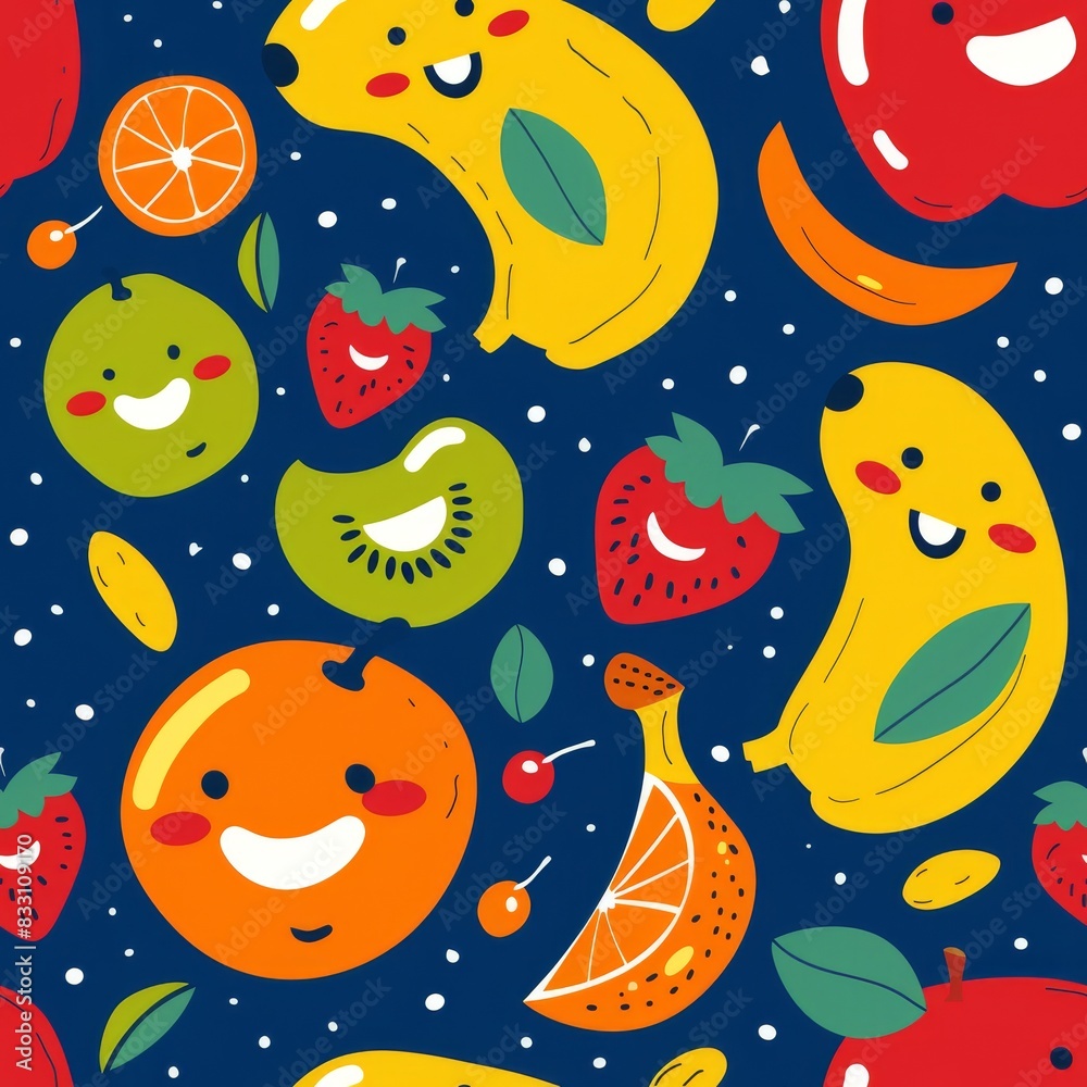 seamless pattern of cheerful dancing cartoon fruits