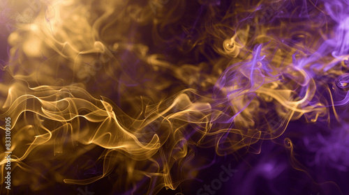 A bold mix of glossy gold smoke and neon violet loops defines a luxurious setting,
