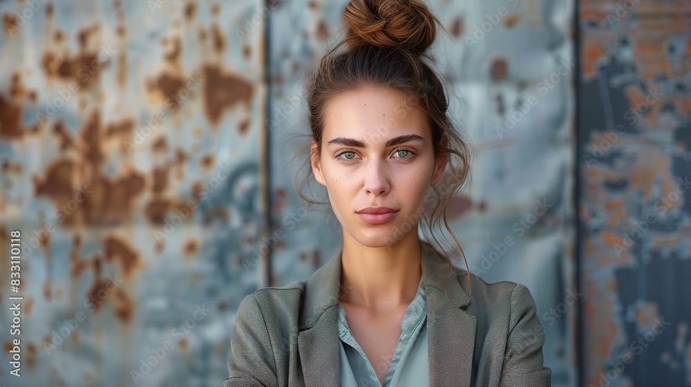 Naklejka premium Woman with a determined expression on her face, standing with unwavering resolve and purpose, ready to tackle challenges and seize opportunities with her professional expertise