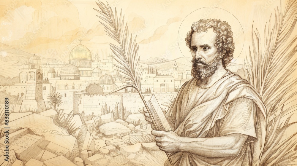 Fototapeta premium St. Stephen Holding Palm Branch and Stones in Ancient Jerusalem, Biblical Illustration, Beige Background, Copyspace