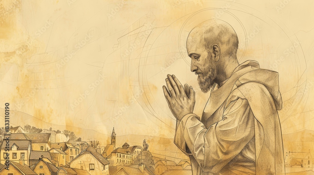 Fototapeta premium St. Roch Praying in 14th-Century French Village, Biblical Illustration, Beige Background, Copyspace