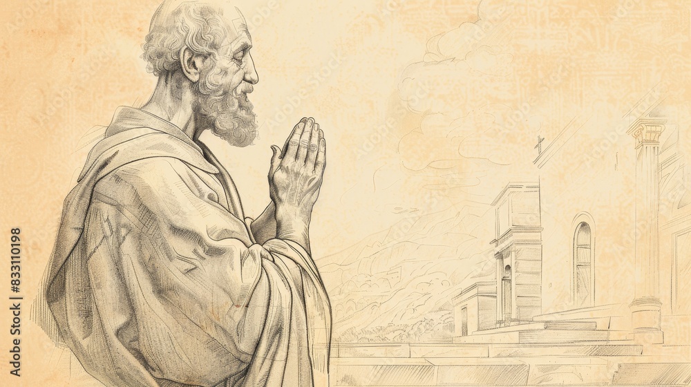 Fototapeta premium St. Simon the Apostle Praying in 1st-Century Church, Biblical Illustration, Beige Background, Copyspace