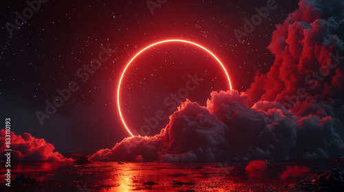 Glowing dark red neon casts light on a cloudy night sky, 3D widescreen frame, photo