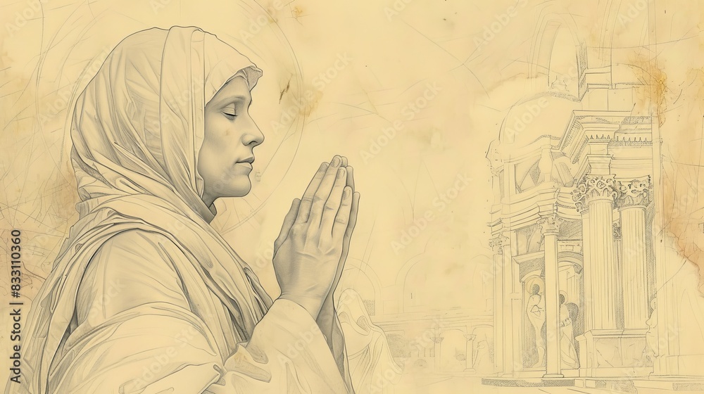 Obraz premium St. Scholastica Praying in 6th-Century Italian Monastery, Biblical Illustration, Beige Background, Copyspace