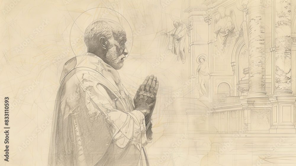 Fototapeta premium St. Leo the Great in Prayer in 5th-Century Church, Biblical Illustration, Beige Background, Copyspace