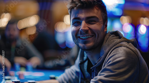 A Excited Man Victorious in Poker Game at Casino