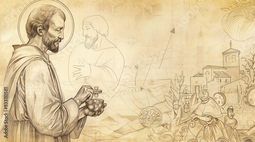 Wallpaper Mural St. Vincent de Paul Serving the Poor in 17th-Century France, Biblical Illustration, Beige Background, Copyspace Torontodigital.ca