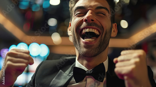 A Excited Man Victorious in Poker Game at Casino
