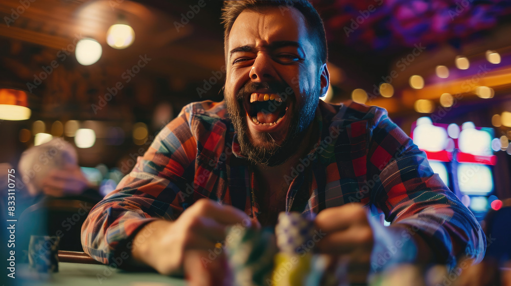 Obraz premium A Excited Man Victorious in Poker Game at Casino
