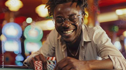 A Excited Man Victorious in Poker Game at Casino
