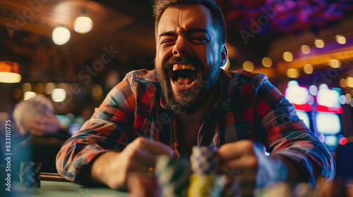 A Excited Man Victorious in Poker Game at Casino
