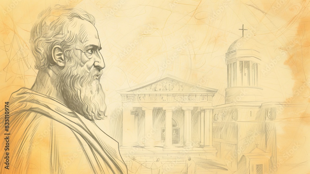 Fototapeta premium St. Polycarp of Smyrna in Martyrdom, 2nd-Century Church, Biblical Illustration, Beige Background, Copyspace