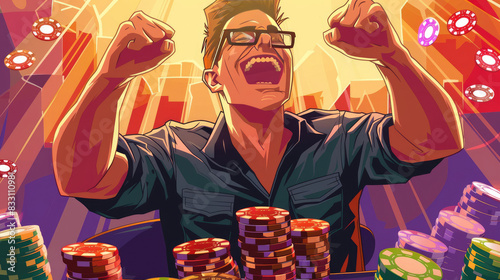 A Excited Man Victorious in Poker Game at Casino