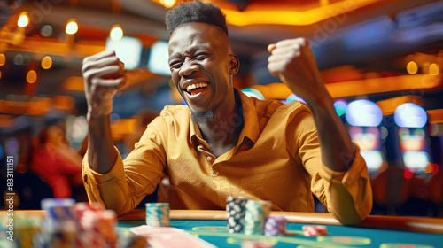 A Excited Man Victorious in Poker Game at Casino