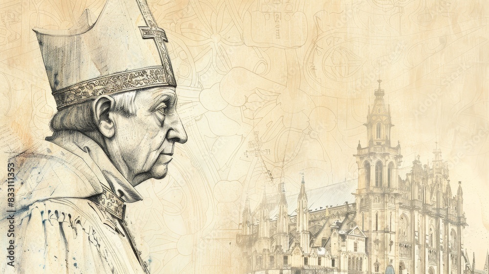 Fototapeta premium St. William of York in Bishop's Robes, 12th-Century English Cathedral, Biblical Illustration, Beige Background, Copyspace