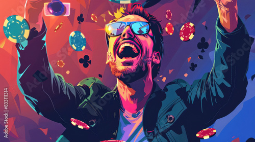 A Excited Man Victorious in Poker Game at Casino