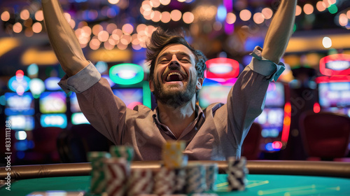 A Excited Man Victorious in Poker Game at Casino